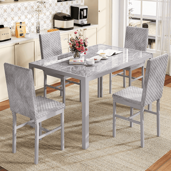 LinkRomat Dining Table Set for 4, Faux Marble Kitchen Glass Table and 4 PU Leather Upholstered Chairs for Dining Room, Modern Coffee Dinette, Compact Space