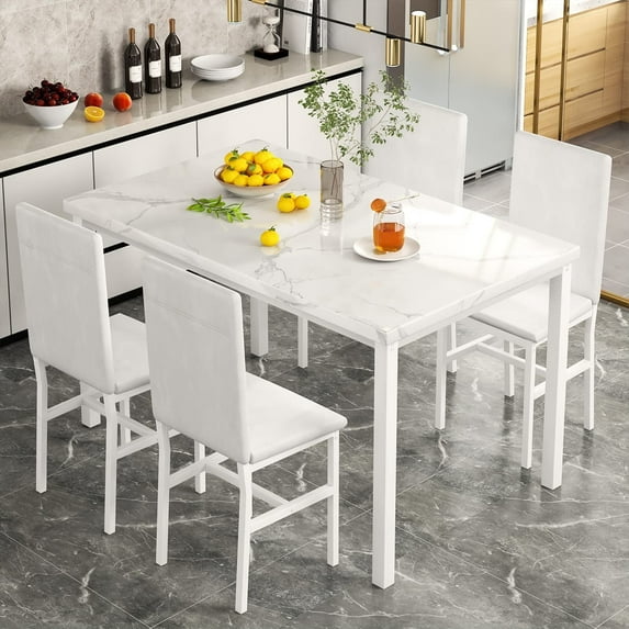 LinkRomat Dining Table Set for 4, Faux Marble Kitchen Table Set with 4 Leather Upholstered Chairs, 5 Piece Modern Dinette for Dining Room
