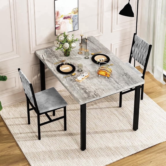 LinkRomat Dining Table Set for 2, Small Kitchen Table with Upholstered Chairs, Industrial Dining Set for Apartment Breakfast Nook, Gray