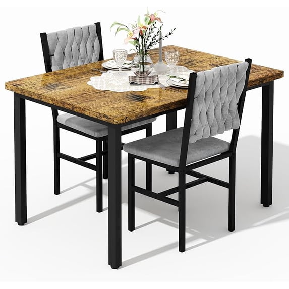 LinkRomat Dining Table Set for 2, Small Kitchen Table with Upholstered Chairs, Industrial Dining Set for Apartment Breakfast Nook, Walnut