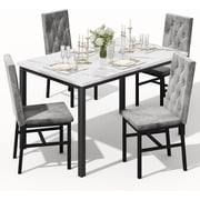 LinkRomat Dining Table Set for 4,Faux Marble Kitchen Dining Table with 4 Velvet Upholstered Chairs,Modern Small Space Dining Set for Apartment Home