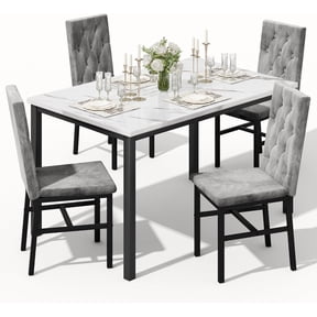 LinkRomat Dining Table Set for 4,Faux Marble Kitchen Dining Table with 4 Velvet Upholstered Chairs,Modern Small Space Dining Set for Apartment Home