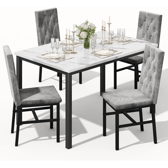 LinkRomat Dining Table Set for 4,Faux Marble Kitchen Dining Table with 4 Velvet Upholstered Chairs,Modern Small Space Dining Set for Apartment Home