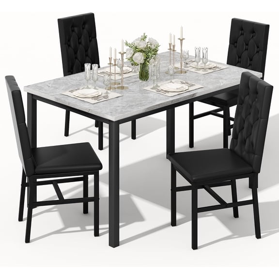 LinkRomat Dining Table Set for 4,Faux Marble Kitchen Dining Table with 4 Velvet Upholstered Chairs,Modern Small Space Dining Set for Apartment Home