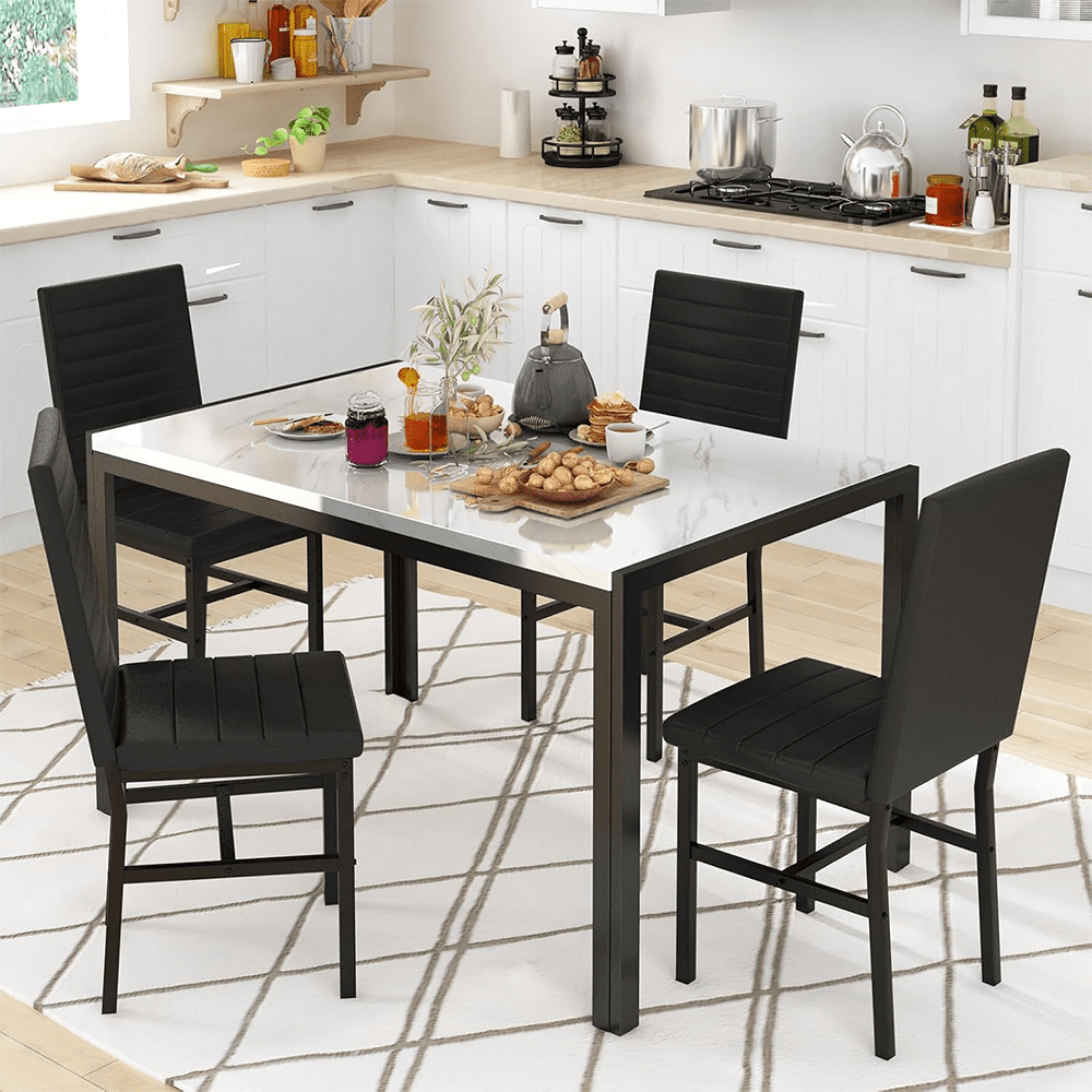 LinkRomat Dining Table Set for 4, Faux Marble Kitchen Table & 4 Black Upholstered Chairs, Modern Dinner Table Set for Dining Room, Small Spaces