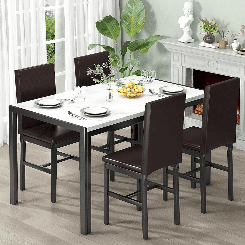 LinkRomat Dining Table Set for 4, Faux Marble Kitchen Table & 4 Brown ...