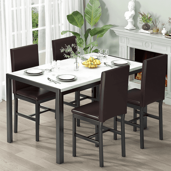 LinkRomat Dining Table Set for 4, Faux Marble Kitchen Table & 4 Brown Upholstered Chairs, Modern Dinner Table Set for Dining Room, Small Spaces