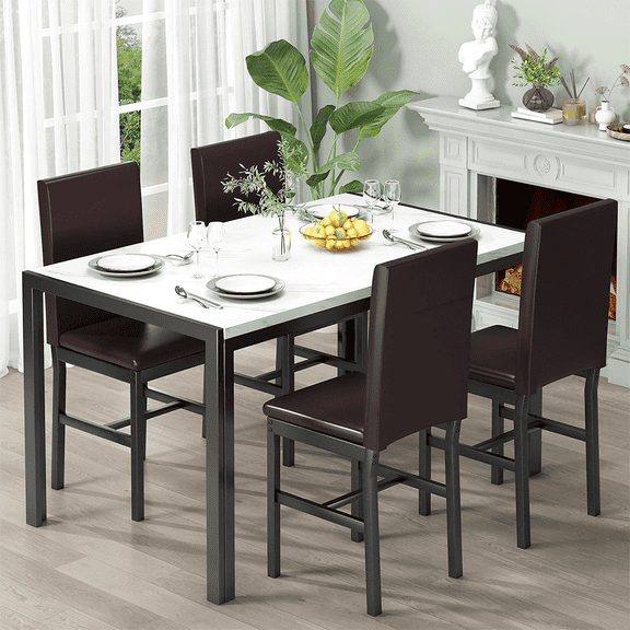 LinkRomat Dining Table Set for 4, Faux Marble Kitchen Table & 4 Brown Upholstered Chairs, Modern Dinner Table Set for Dining Room, Small Spaces