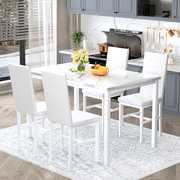 LinkRomat Dining Table Set for 4, Faux Marble Kitchen Table & 4 White Upholstered Chairs, Modern Dinner Table Set for Dining Room, Small Spaces