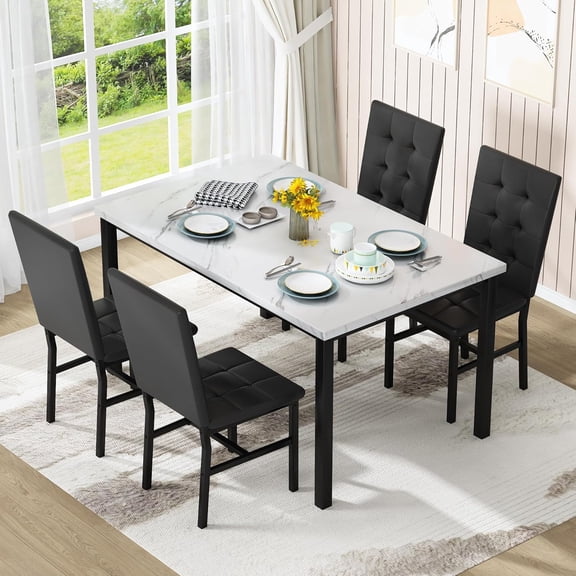 LinkRomat Dining Table Set for 4,Faux Marble Kitchen Table Set with 4 Leather Chairs,Modern Dinner Table Set for Small Spaces,White & Black