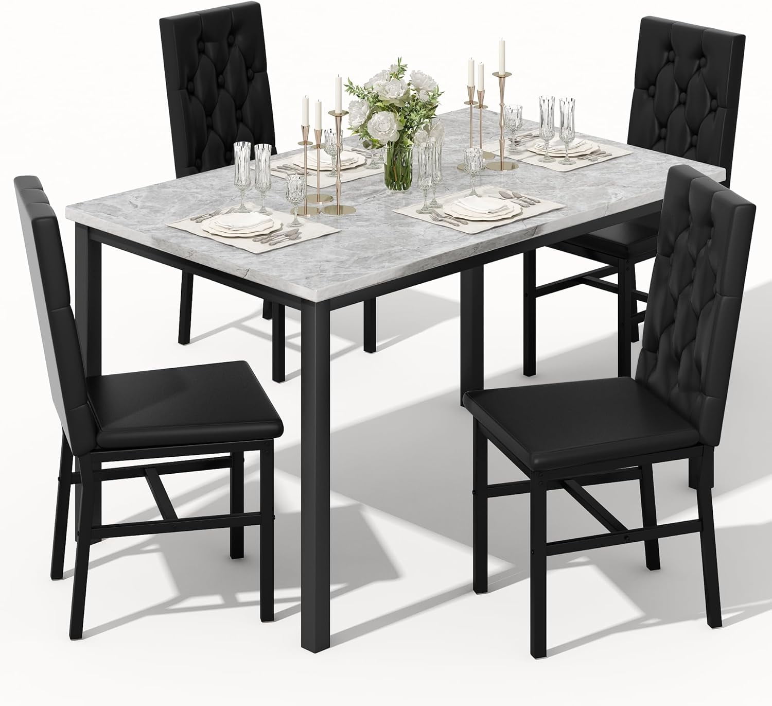 LinkRomat 5-Piece Dining Table Set for 4 Faux Marble with Button Tufted Upholstered Chairs, Kitchen Table with Chairs, Black