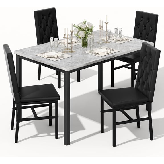 LinkRomat 5-Piece Dining Table Set for 4 Faux Marble with Button Tufted Upholstered Chairs, Kitchen Table with Chairs, Black