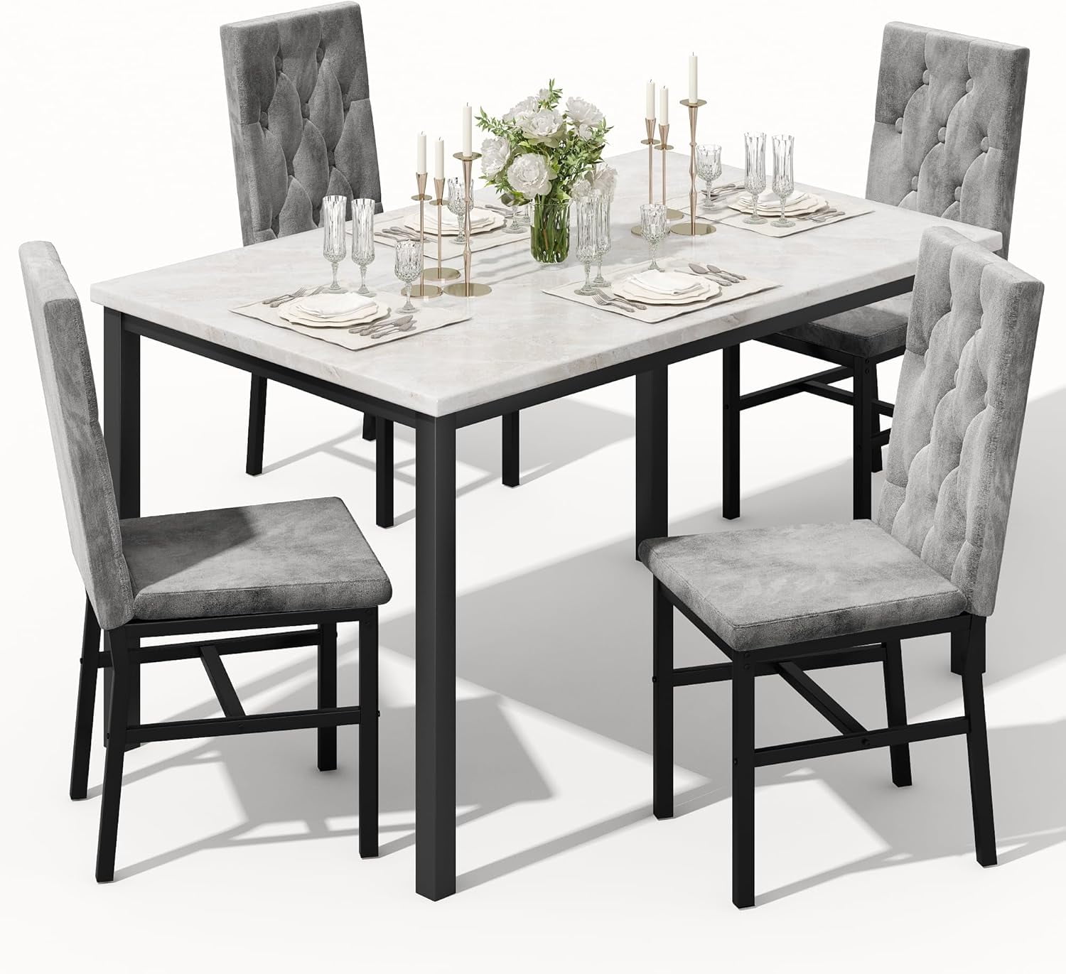 LinkRomat Dining Table Set for 4, Faux Marble Kitchen Table and Chairs, 5 Piece Small Dining Room Set with Button Tufted Upholstered Chairs, Gray