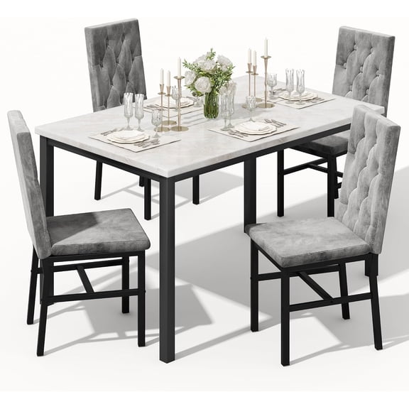 LinkRomat Dining Table Set for 4, Faux Marble Kitchen Table and Chairs, 5 Piece Small Dining Room Set with Button Tufted Upholstered Chairs, Gray