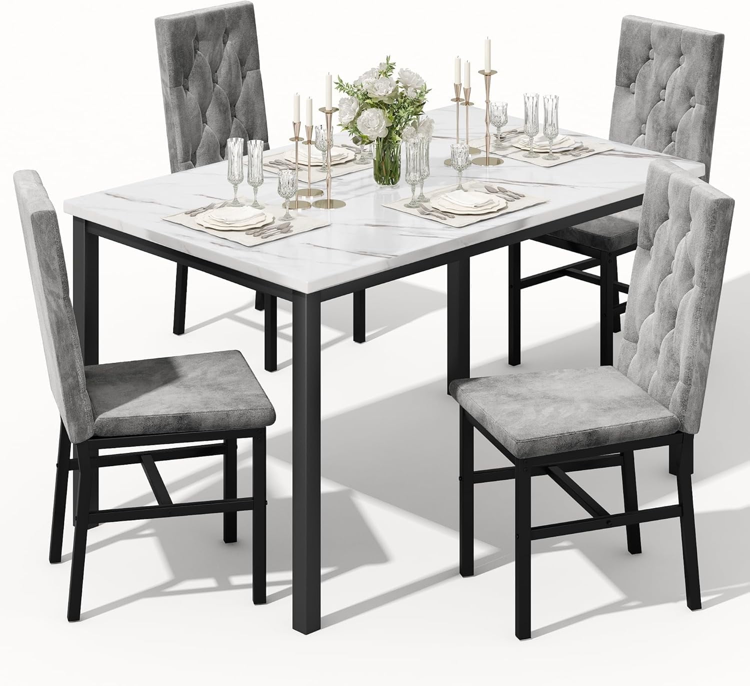 LinkRomat Dining Table Set for 4, Faux Marble Kitchen Table and Chairs, 5 Piece Small Dining Room Set with Button Tufted Upholstered Chairs, White