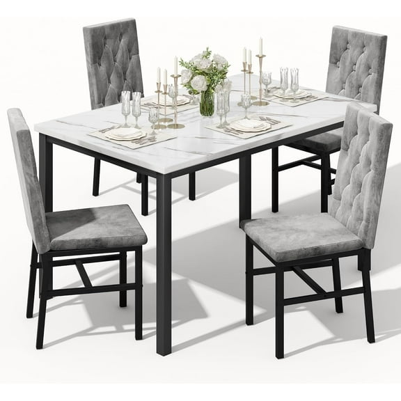 LinkRomat Dining Table Set for 4, Faux Marble Kitchen Table and Chairs, 5 Piece Small Dining Room Set with Button Tufted Upholstered Chairs, White