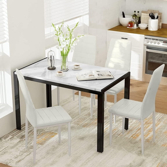 LinkRomat Dining Table Set for 4,Faux Marble Table with 4 PU Leather Chairs,Modern Dining Set for Kitchen,Living Room,Dining Room,White & Beige