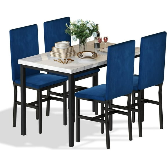 LinkRomat Dining Table Set for 4, Faux Marble Tabletop with Upholstered Chairs, Modern Set for Kitchen & Small Spaces, Blue
