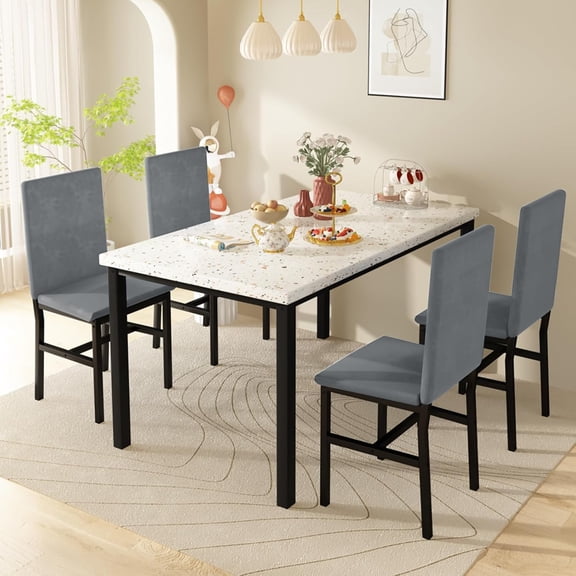 LinkRomat Dining Table Set for 4, Faux Marble Tabletop with Upholstered Chairs, Modern Set for Kitchen & Small Spaces, Gray