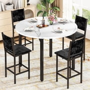 LinkRomat Dining Table Set for 4, Round Kitchen Table Set with 4 Black hand-woven velvet chairs for Kitchen Breakfast Nook DiningMarble & Black
