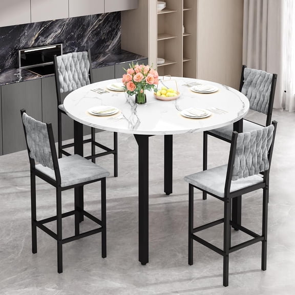 LinkRomat Dining Table Set for 4, Round Kitchen Table Set with 4 Gray hand-woven velvet chairs for Kitchen Breakfast Nook Dining(Marble & Gray)