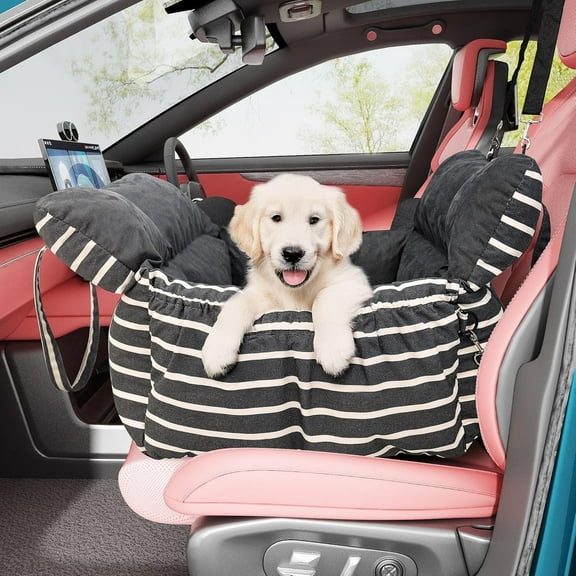 LinkRomat Washable Dog Car Seat with Storage Pockets, Clip-on Leash & Comfortable Cushion,Portable Travel Pet Car Seat for Dogs Under 25lbs, Black with Handle ﻿