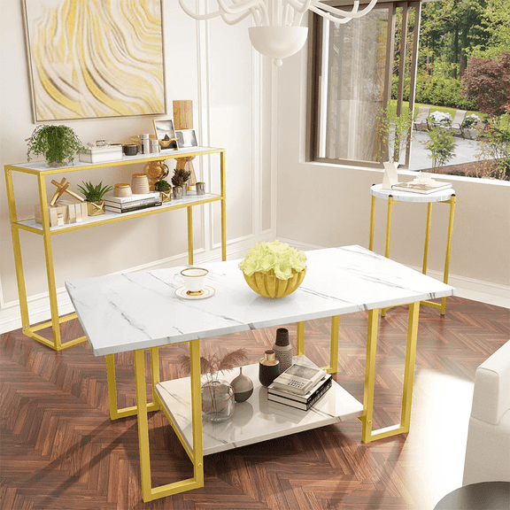 LinkRomat Coffee Table Sets 3 Pieces, Faux Marble Round Tabletop and 2 Rectangular Coffee Tables, Modern Entryway Set, Console Set Tables for Living Room