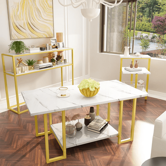 LinkRomat Coffee Table Sets 3 Pieces, Faux Marble Square Tabletop and 2 Rectangular Coffee Tables, Modern Entryway Set, Console Set Tables for Living Room