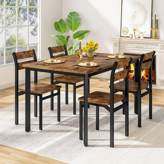 LinkRomat Farmhouse Dining Table Set for 4, Kitchen Table and Chairs for Dining Room, Small Spaces, Easy Assembly & Sturdy, Rustic Brown