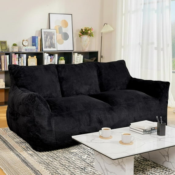 LinkRomat Faux Fur Loveseat, Oversized 2-Seater Sofa with High-Density Foam, for Living Room & Bedroom, No Assembly Required, Black