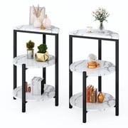 LinkRomat Faux Marble End Tables Set of 2, 3-Tier Small Side Table, Round Coffee Table with Metal Legs, End Table for Living Room, White & Black