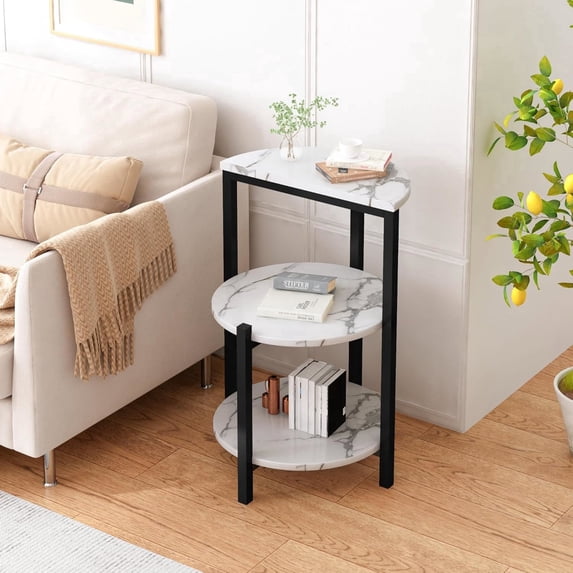 LinkRomat Faux Marble Side Table, 3-Tier Living Room End Table, Small Round Side Table Bedside Table, Modern Sofa Table with Metal Legs, White & Black