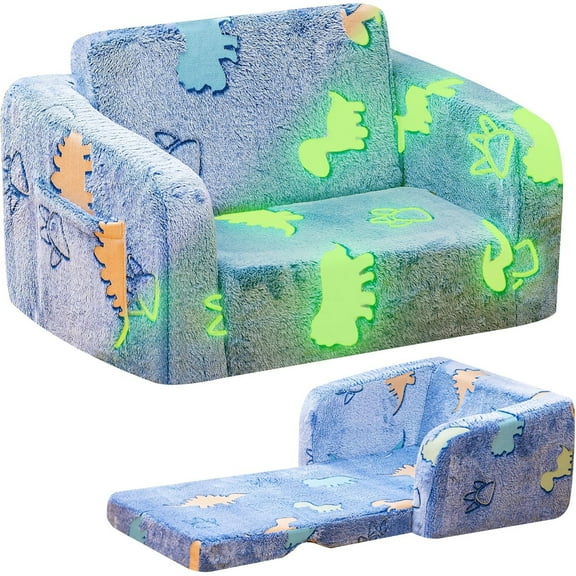 LinkRomat Foldable Modular Kids Play Couch, 2-in-1 Convertible Foam and Floor Cushion for Toddler, Glow in The Dark Kids Sofa for Playroom, Birthday Gifts (Blue & Dinosaur)