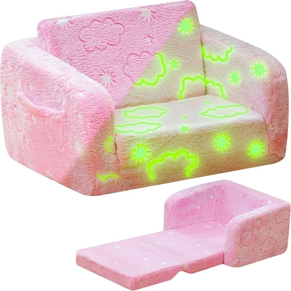 LinkRomat Foldable Modular Kids Play Couch, 2-in-1 Convertible Foam and Floor Cushion for Toddler, Glow in The Dark Kids Sofa for Playroom, Christmas Gifts (Pink & Clouds)