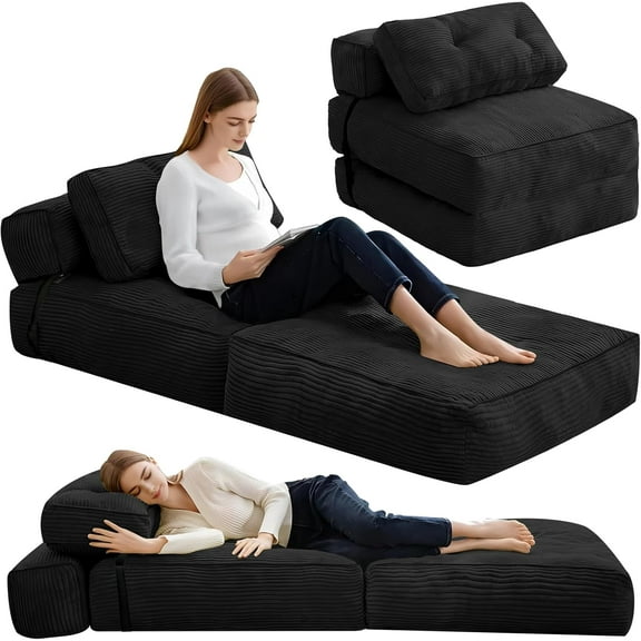 LinkRomat Foldable Sofa Bed, Floor Sofa Lounge with Pillow and Back Support, Foldable Couch Futon Mattress with Ergonomic Support, Convertible Sleeper Couch for Small Space, Living Room (Black)