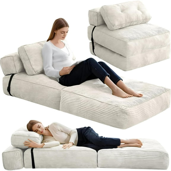 LinkRomat Foldable Sofa Bed, Floor Sofa Lounge with Pillow and Back Support, Foldable Couch Futon Mattress with Ergonomic Support, Convertible Sleeper Couch for Small Space, Living Room (White)