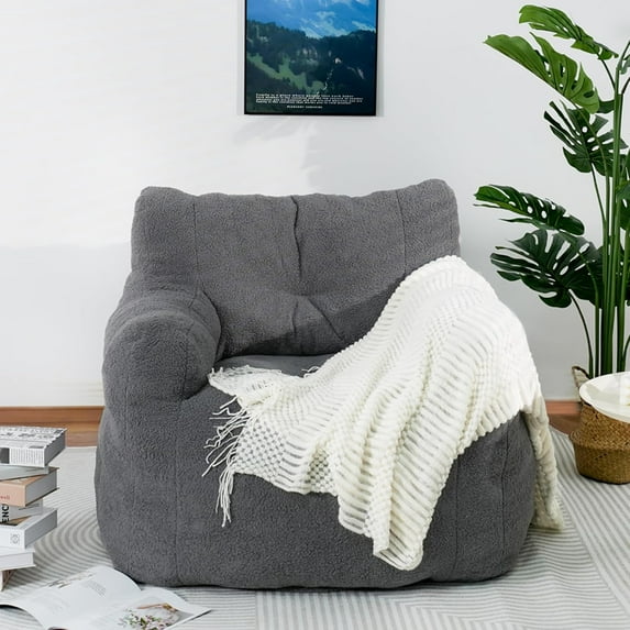 LinkRomat Giant Bean Bag Chair, Faux Fur Memory Foam Filled, Large Lounger for Adults, Applies to Living Room & Dorm, Gray
