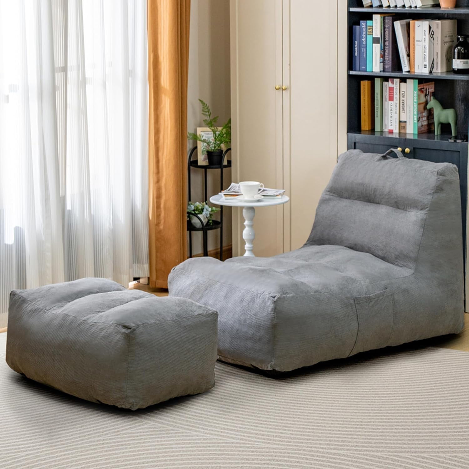 LinkRomat Giant Bean Bag Chair with Ottoman for Adults, Oversized Corduroy Memory Foam Beanbag Chair with Filler Included, Comfy Lounge & Gaming Chair for Living Room and Bedroom