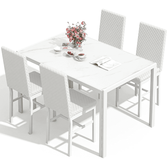 LinkRomat Glass Dining Table Set for 4, Faux Marble Kitchen Table and 4 PU Leather Upholstered Chairs, Modern Dinette for Dining Room, Compact Space