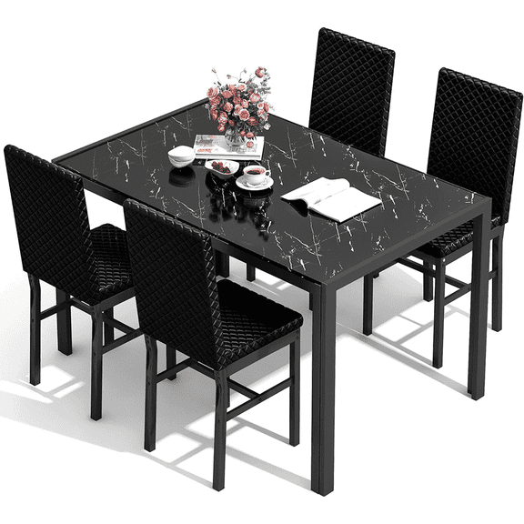 LinkRomat Glass Dining Table Set for 4, Faux Marble Kitchen Table and 4 PU Leather Upholstered Chairs, Modern Dinette for Dining Room