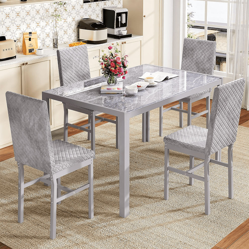 LinkRomat Glass Dining Table Set for 4, Faux Marble Kitchen Table and 4 ...