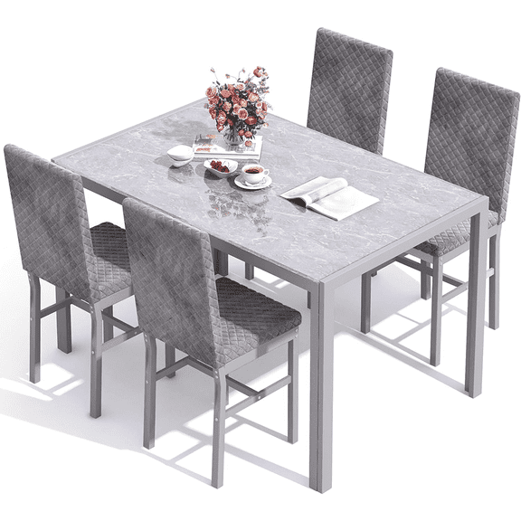 LinkRomat Glass Dining Table Set for 4, Faux Marble Kitchen Table and 4 PU Leather Upholstered Chairs, Modern Dinette for Dining Room, Compact Space