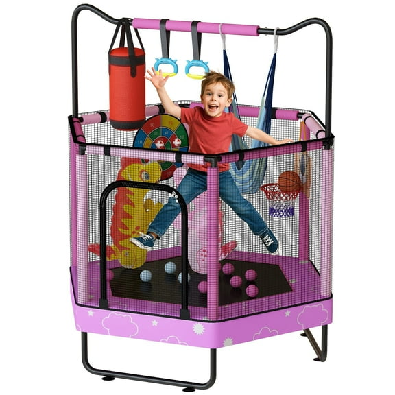 LinkRomat Hexagon Trampoline for Kids, Indoor & Outdoor Toddler Trampoline with Enclosure, Adjustable Height Handrail & Durable Designs for Boys & Girls, 450lbs Capacity, 7-in-1, 55"