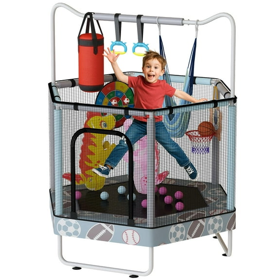 LinkRomat Hexagon Trampoline for Kids, Indoor & Outdoor Toddler Trampoline with Enclosure, Adjustable Height Handrail & Durable Designs for Boys & Girls, 450lbs Capacity, 7-in-1, 55"