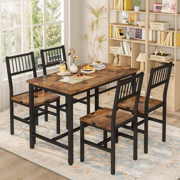LinkRomat Industrial Dining Table Set for 4,Rectangular Kitchen Table with 4 Curved Chairs,Compact Table Set for Dining Room,Breakfast Nook & Small Space