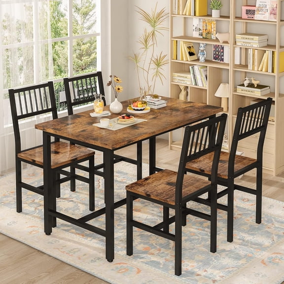 LinkRomat Industrial Dining Table Set for 4,Rectangular Kitchen Table with 4 Curved Chairs,Compact Table Set for Dining Room,Breakfast Nook & Small Space