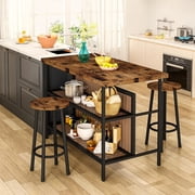 LinkRomat Kitchen Island with Stools & Storage, 3 Piece Modern Bar Table Set for 2, Small Kitchen Table for Apartment, Home Bar, Dining Room, Rustic Brown