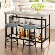 LinkRomat Kitchen Island with Stools & Storage, 3 Piece Modern Bar Table Set for 2, Small Kitchen Table for Apartment, Home Bar, Dining Room, Gray