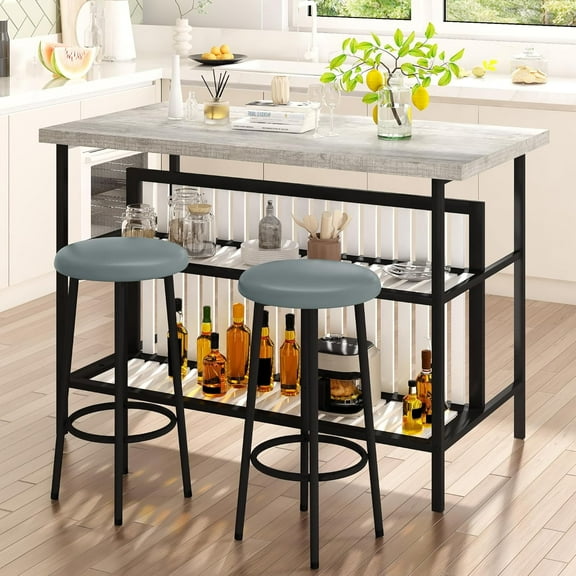 LinkRomat Kitchen Island with Stools & Storage, 3 Piece Modern Bar Table Set for 2, Small Kitchen Table for Apartment, Home Bar, Dining Room, Gray