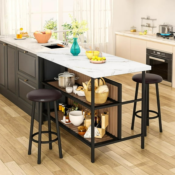 LinkRomat Kitchen Island with Stools & Storage, 3 Piece Modern Bar Table Set for 2, Small Kitchen Table for Apartment, Home Bar, Dining Room, White